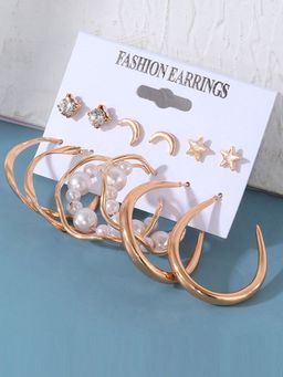 Jewels Galaxy - Gold Plated Contemporary Stars and Moon Studs & Hoop Earrings Set of 6
