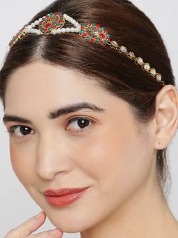 OOMPH - Gold Tone Green and Red Kundan and Pearls Ethnic Jadau Hair Chain