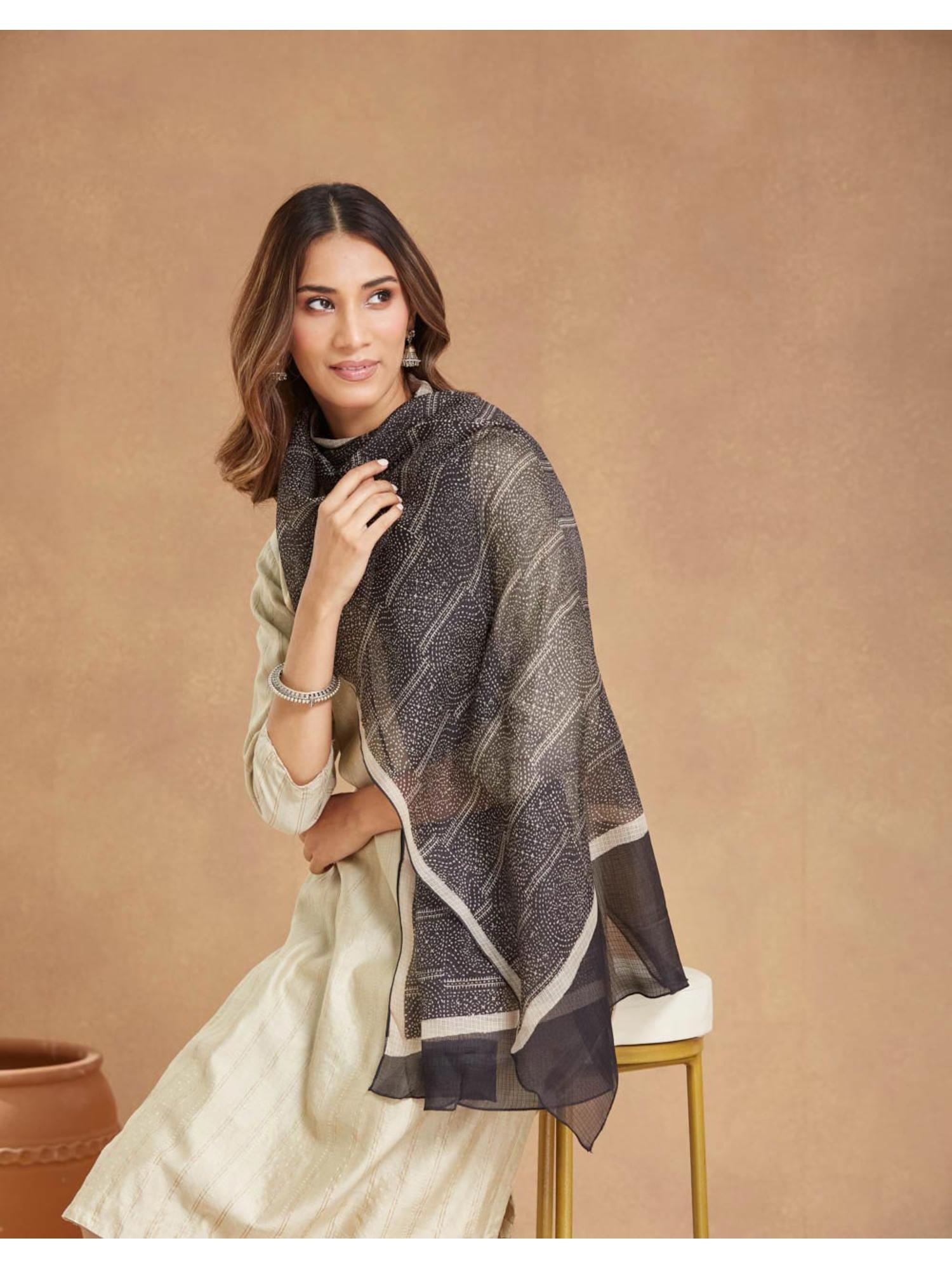 fabindia Black Silk Blend Hand Block Printed Stole-picture-17