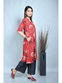 EARTHWEAR - Red Ajrakh Block Printed Front Open A Line Kurta Hand Embroidery Kurta