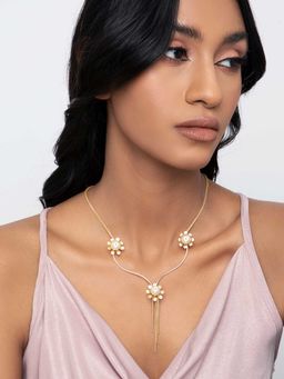 Indya - Gold Pearl Floral Tasselled Long Necklace