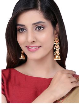 Yellow Chimes - Gold - Toned Handcrafted Meenakari Peach Chaandbali Jhumka Earrings