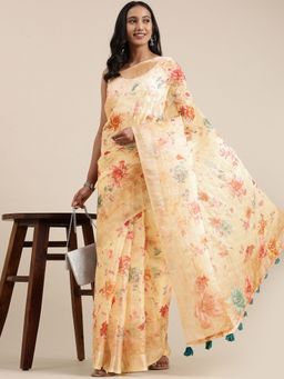 Vastranand - Yellow Floral Embroidered Organza Saree with Unstitched Blouse