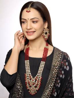 VIRAASI - Gold Plated Kundan Long Necklace with Earrings and Maangtikka (Set of 3)