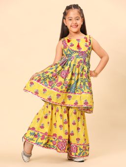 Titrit - Sleeveless Cotton Floral Kurti and Sharara Yellow