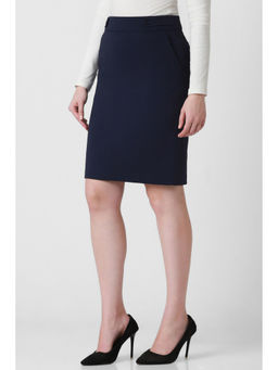 Van Heusen - Women Navy Blue Solid Formal Knee Length Skirt