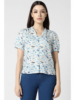 Van Heusen - Women Blue Print Formal Ruffle V-Neck Top