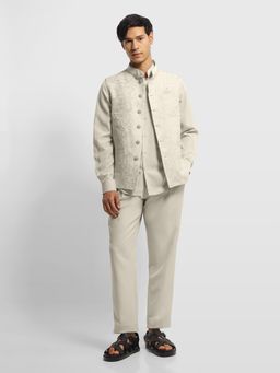 Arrow - Grey Floral Embroidered Shirt With Nehru Jacket & Trouser