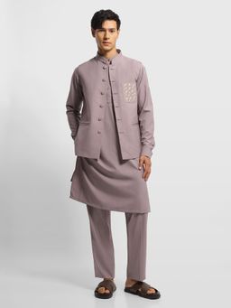 Arrow - Mauve Dobby Tailored Fit Kurta With Nehru Jacket & Trouser