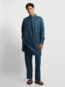 Arrow - Teal Embroidered Dobby Kurta With Nehru Jacket & Trouser