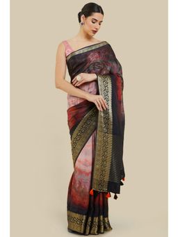 Soch - Women Maroon Silk Printed Saree with Unstitched Blouse