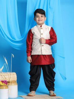 Vastramay - Boys Maroon-beige & Black Jacket With Kurta & Dhoti (Set of 3)