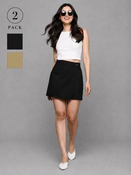 Twenty Dresses by Nykaa Fashion - Women Solid Black & Khaki Pure Cotton Skorts