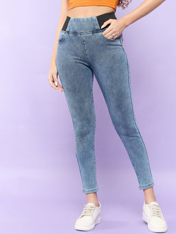 Outzidr - Blue Elasticated Skinny Jeggings