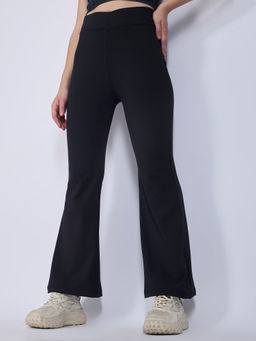 Outzidr - Black Criss Cross Waist Band Flared Pants
