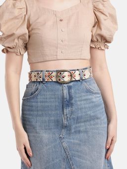 ART N VINTAGE - Women Semi Formal Leather Printed Off White Belt