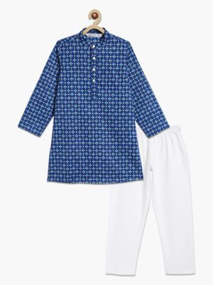 Campana Boys Palash Kurta Pyjama Set - Petit Paisley Print - Turquoise & White