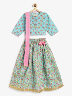 Campana Girls Koel Lehenga Set - Block Print - Pink