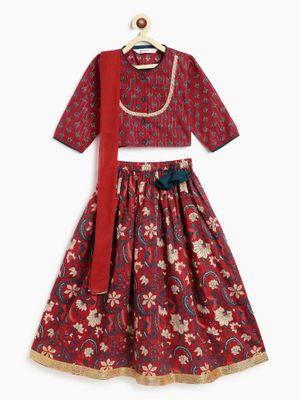 Campana Girls Papiha Lehenga Choli Set - Bandhini & Blockprint - Lime & Turquoise main image 0