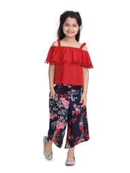 StyleStone - Girls Red Cotton Floral Regular Fit Co-Ord Set