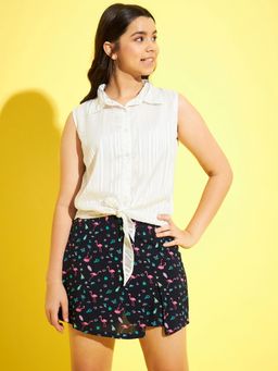 StyleStone - Girls Navy Blue Lurex Solid Regular Fit Shirt with Skort