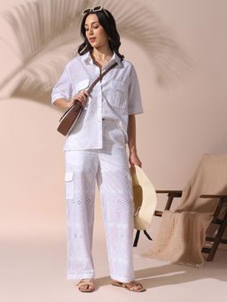 DL WOMAN - Women White Cotton Self Design Relaxed Fit Co-Ord Set