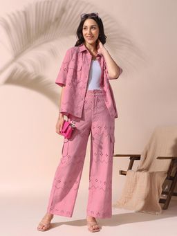 DL WOMAN - Women Pink Cotton Self Design Relaxed Fit Co-Ord Set