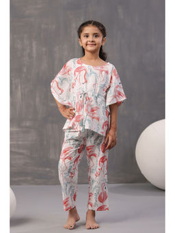 SAY - Pure Cotton Printed Round Neck White Top and Pyjama (Set of 2)
