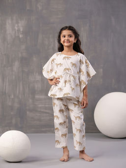 SAY - White Pure Cotton Printed Round Neck Kids Top and Pyjama (Set of 2)