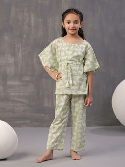 SAY - Pure Cotton Green Printed Round Neck Kids Top and Pyjama (Set of 2)