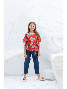 SAY - Red Pure Cotton Printed Top and Pyjama with Belt (Set of 3)