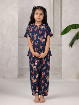 SAY - Navy Blue Pure Cotton Printed Mandarin Neck Top and Pyjama (Set of 2)