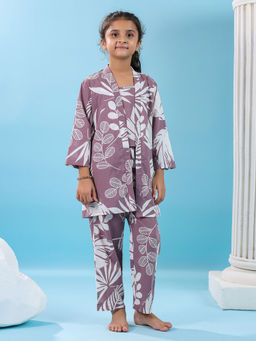 SAY - Purple Pure Cotton Floral Round Neck Top and Pant with Jacket (Set of 3)