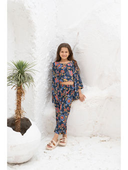 SAY - Navy Blue Floral Top and Pyjama with Jacket (Set of 3)