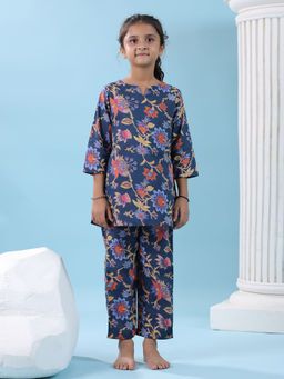 SAY - Pure Cotton Navy Blue Floral Top and Pyjama (Set of 2)
