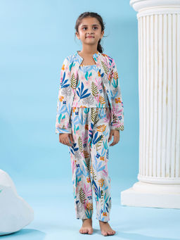 SAY - Pure Cotton Floral Mandarin Neck Top and Pyjama with Jacket (Set of 3)