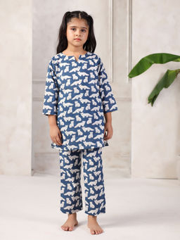 SAY - Navy Blue Cotton Printed Top and Pyjama (Set of 2)