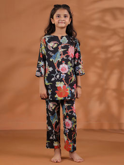 SAY - Black Floral Cotton Printed Top and Pyjama (Set of 2)