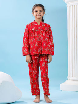 SAY - Red Pure Cotton Floral Mandarin Neck Top and Pyjama (Set of 2)