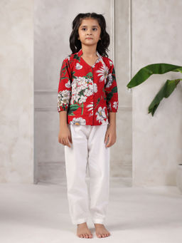SAY - Red Pure Cotton Floral Top and Pyjama (Set of 2)