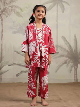 SAY - Pink Pure Cotton Floral Top and Pyjama with Jacket (Set of 3)