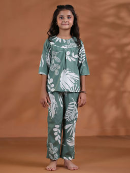 SAY - Green Pure Cotton Floral Top and Pyjama (Set of 2)