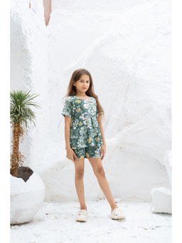 SAY - Green Pure Cotton Floral Shirt and Short (Set of 2)