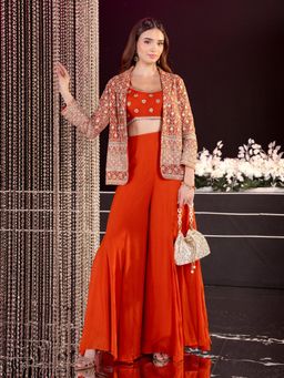 Label S4U - Orange Embroidered Blouse with Palazzo and Jacket