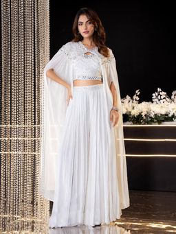 Label S4U - White Embellished Cape with Blouse & Palazzo
