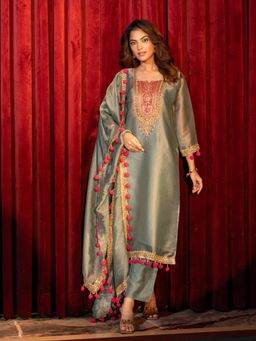 Label S4U - Green Tissue Embellished Kurta with Pant & Dupatta