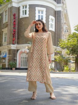 Mahee Jaipur - Beige Gota Work V Neck Panel Block Print Kurta & Pant