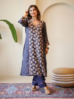 Mahee Jaipur - Navy Blue Gota Work V Neck Panel Block Print Kurta & Pant