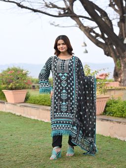 Mahee Jaipur - Black Lacy Block Print Muslin Kurta with Pant & Dupatta