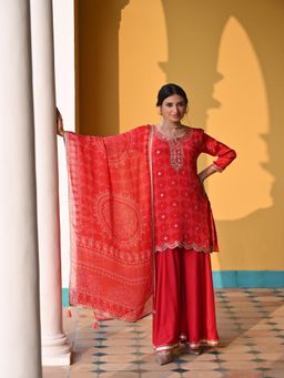 Mahee Jaipur - Red Bandhani Nazakat Gota Work Kurta with Sharara & Dupatta